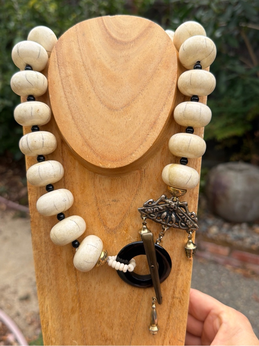 Artisan Bauble Ivory Necklace Statement Metal Accent Black Toggle Clasp Vtg